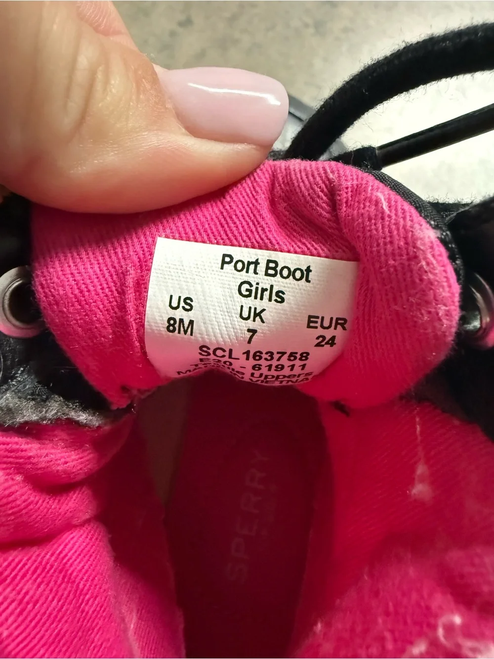 Sperry Kids Black Duck Boots with Pink Lining